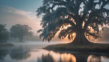 Tree with Spanish Moss in Foggy Landscape at Sunrise photo