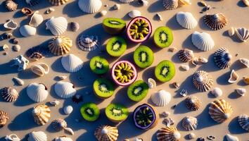 Kiwi and Passion Fruit with Seashells on Sand photo