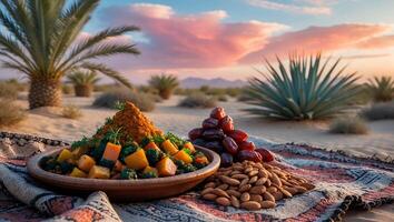 Vegetable Tagine with Dates and Almonds in a Desert Landscape photo