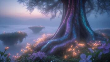 Magical Tree with Glowing Trunk and Flowers in Foggy Landscape photo