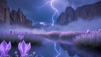 Lightning Strikes Over Flower Field and Mountain Landscape photo