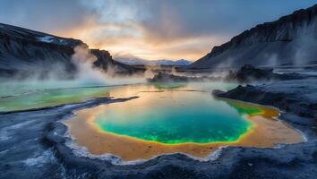 Hot Spring with Steam in Mountain Landscape photo