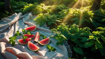 Watermelon Slices on a Blanket in the Sunlit Forest photo