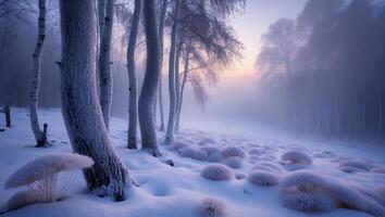 Winter Forest Scene with Snow Covered Birches and Fog photo