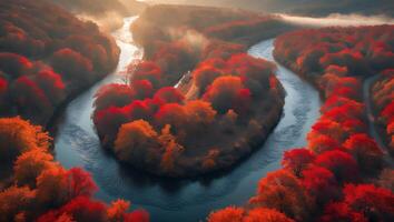 Autumn River Bend Landscape with Red and Orange Forest photo