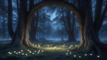 Mushroom on Forest Floor with Glowing Light photo