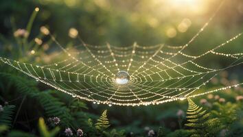 A spider web with dew drops on it photo