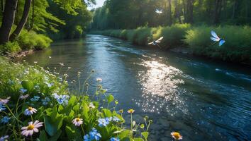 Dragonflies Fly Over a River Next to Flowers and Trees photo