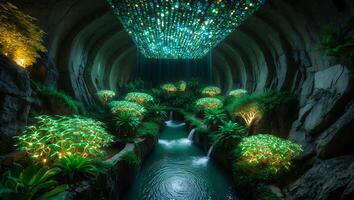 Lush Garden River in Dark Tunnel with Decorative Lighting photo