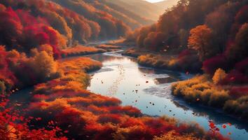 Autumn River Landscape with Falling Leaves in the Forest photo