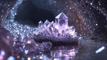 Purple Crystal Cluster on Water Inside Sparkly Cave photo