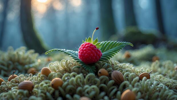 A raspberry is sitting on top of a moss covered forest photo