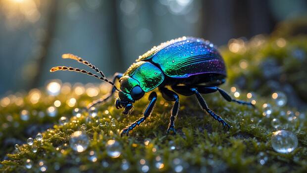 Iridescent Beetle on Moss with Water Droplets photo