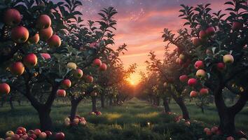 Apple Orchard at Sunset with Red and Green Fruit on Trees photo