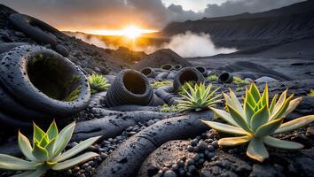 Black Landscape with Sunset, Desert and Succulent photo