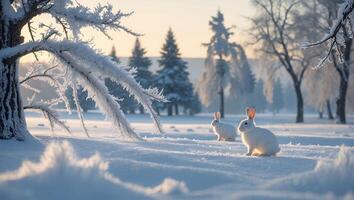 Rabbit in Snowy Landscape with Trees During Winter photo