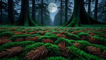 Forest Landscape with Moon, Trees and Mossy Ground photo
