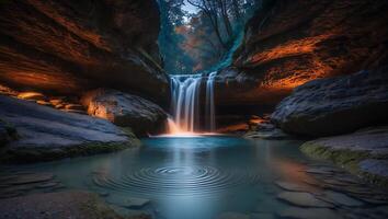 Waterfall in Grotto with Ripples in Pool photo