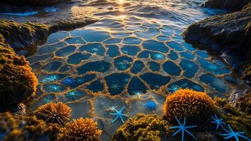 Tide Pool Full of Starfish at Sunset by Rocky Coastline photo