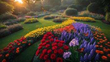 Beautiful Flower Garden with Butterflies and Green Grass photo