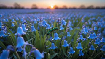 Bluebell Flower Field at Sunset with a Caterpillar photo