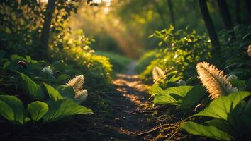 Path Through Sunny Forest with Green Plants and Insects photo
