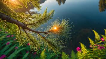 Pine Branch with Sunlight Shining Through Needles Over Water photo