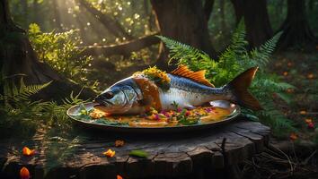 Prepared Fish on Plate in Forest Setting photo