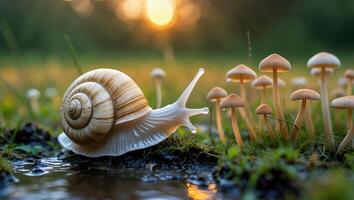 Snail Crawling Beside Mushrooms at Sunset photo