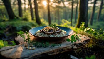 Mushroom Risotto with Pine Nuts Outdoors in Forest photo