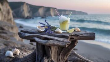 Summer Cocktail on Driftwood Table with Lavender and Seashells photo