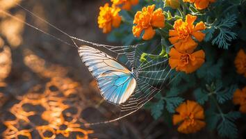Butterfly on Spiderweb Near Orange Flower photo