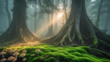 Mystical Forest Scene with Trees Moss and Mushrooms photo