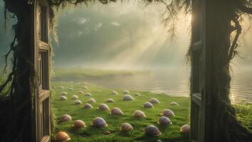 Shells on Grass Near Lake Seen Through Open Door photo