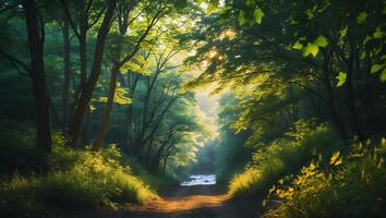 Sunlit Path Through Green Forest and Small Stream photo