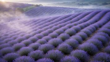 Lavender Field with Fog and Birds on Rolling Hills at Sunrise photo
