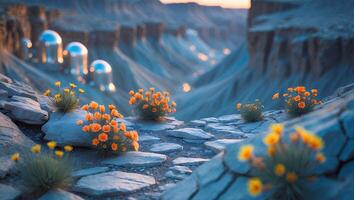Orange Flower on Stone Path in Canyon Landscape photo