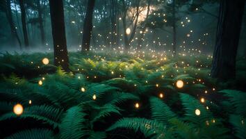 Forest Ferns with Fireflies at Twilight photo