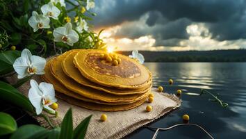 Pancake Stack with Yellow Berry and White Orchid Beside the Lake photo