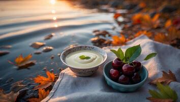 Yogurt and Cherries by Lake in Autumn photo