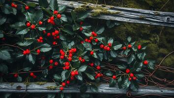 Red Berry on Green Leaf Against Wooden Structure photo