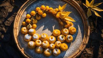 Yellow Donut Arrangement with Leaves and Berries on the Tray photo