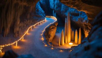 Illuminated Cave Interior with Stalactites and Glowing Lights photo