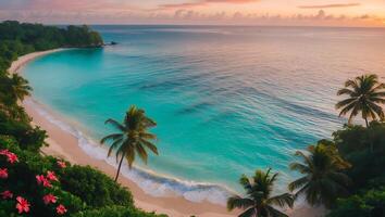 Tropical Beach with Palm Trees and Turquoise Ocean at Sunset photo