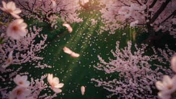 Cherry Blossom Bloom on Tree with Fallen Petals Over Green Lawn photo
