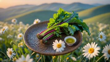 Fresh Beet on Wooden Plate with Daisies on Sunny Day photo