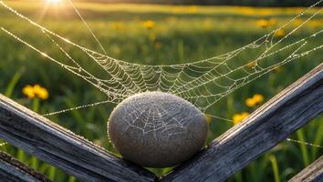 Dew Covered Spider Web on Rock Resting on Fence photo