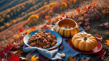 Almonds and Pumpkins on a Blanket with Autumn Leaves photo