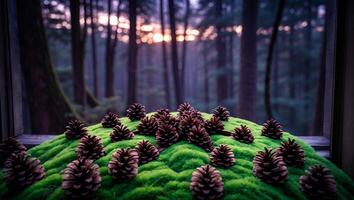 Pine Cones on Moss with Forest View photo