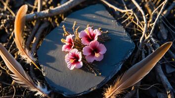 Hibiscus Flowers and Feathers on Slate Rock photo